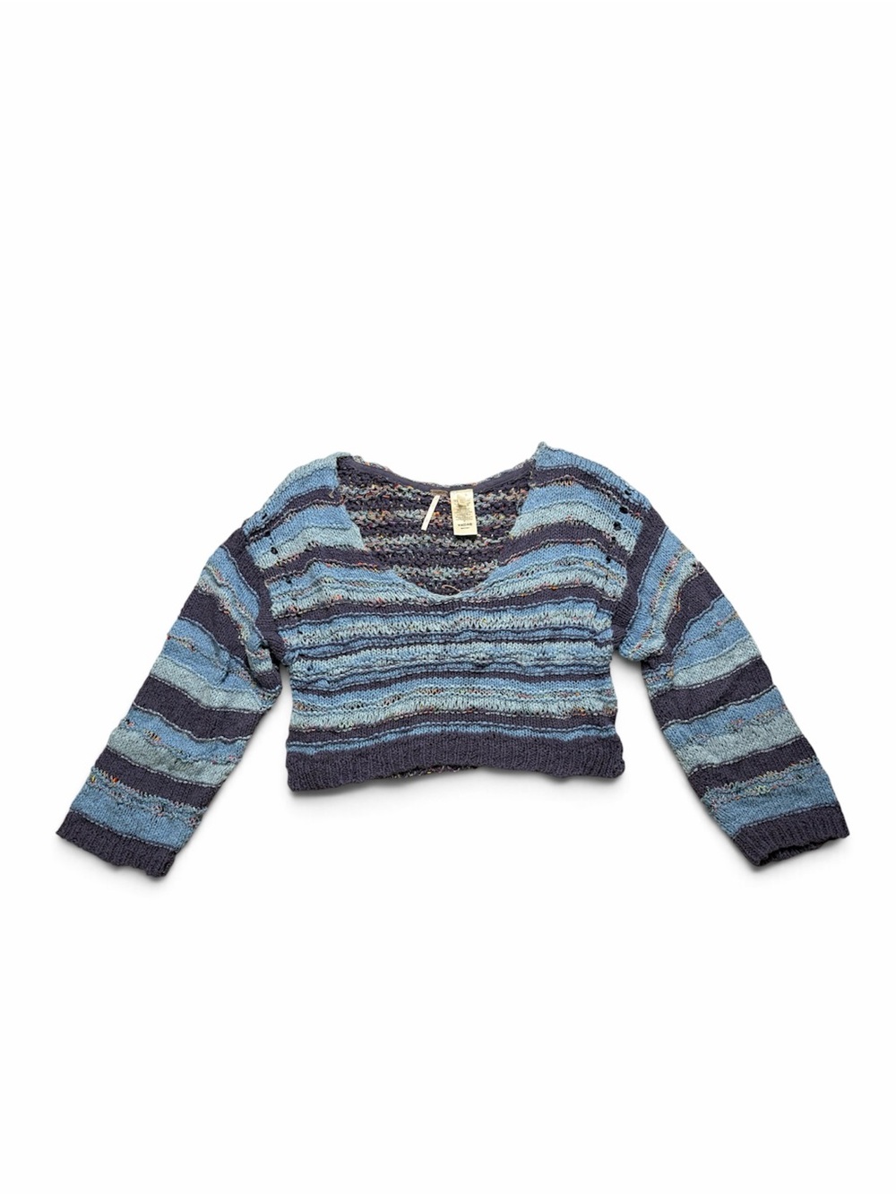 Free People Blue Striped Cropped Sweater Small Textured Knit Confetti Open Back